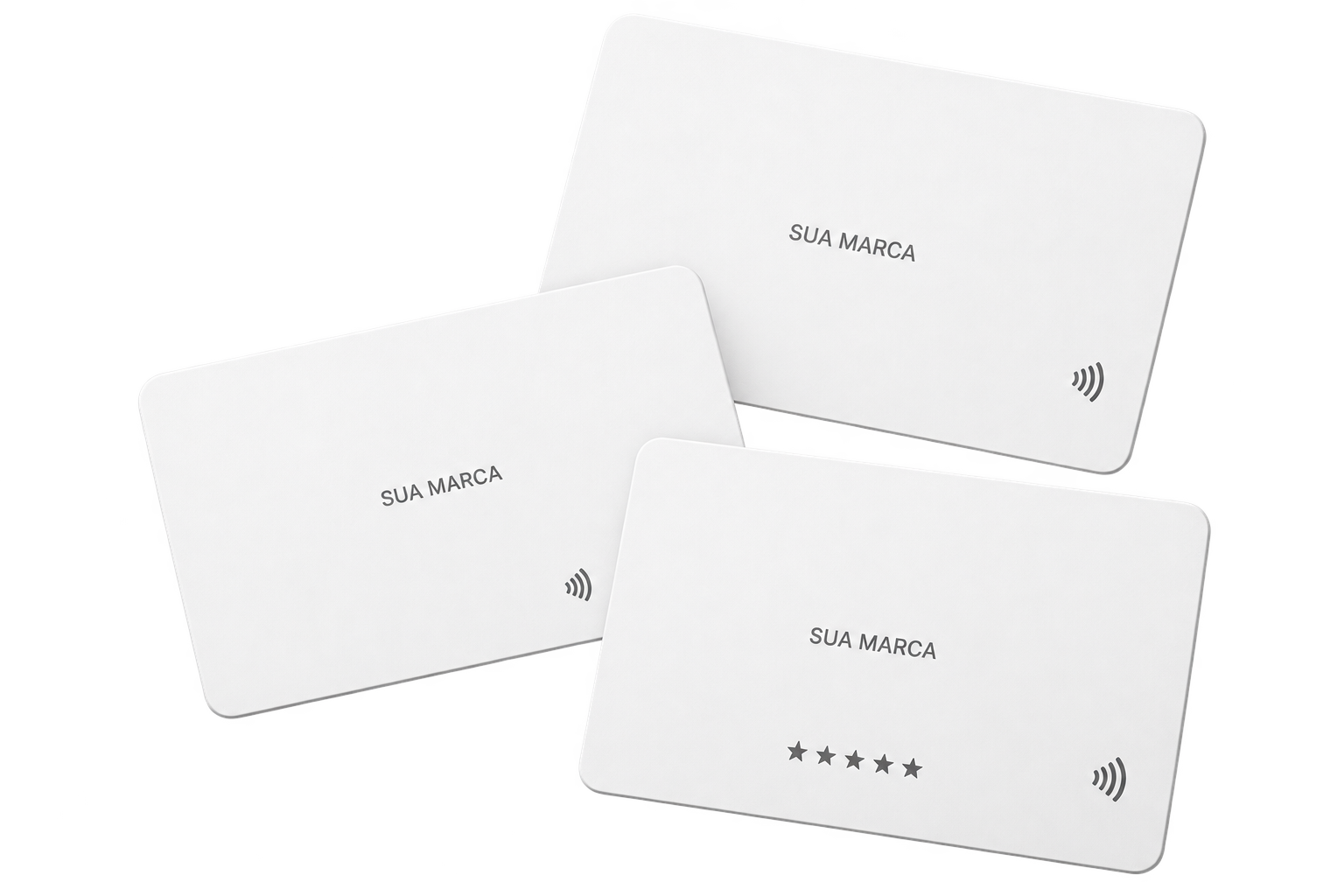 Três cartões NFC Tapss personalizados flutuando